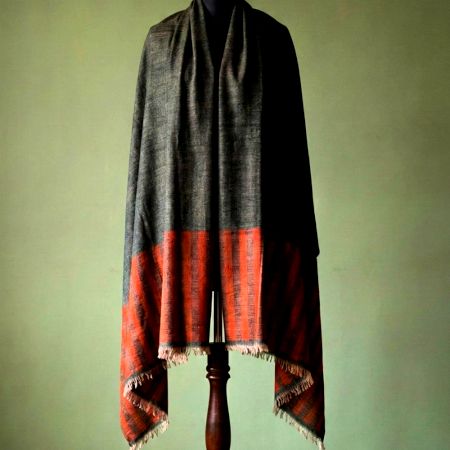 Handwoven Woolen Shawl in Olive Grey with Rust Striped Border